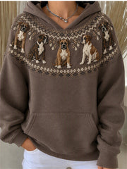 Sweat-shirt à capuche douillet pour femme, style vintage, avec imprimé chiens Boxer et empiècement à motif Fair Isle