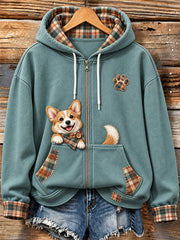 Niedlicher Damen-Kapuzenpullover mit Reißverschluss, Corgi-Schau-Motiv und kariertem Patchwork-Print